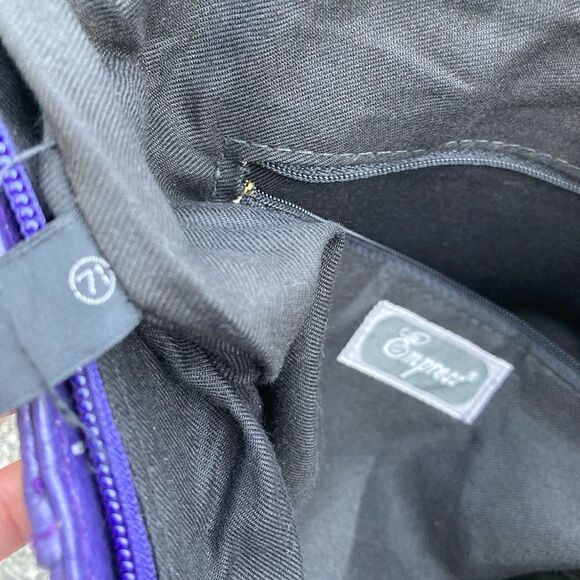 Empress, Vintage Purple Embossed Leather Shoulder Bag, Ruching & Tassel Accent - Picture 14 of 15